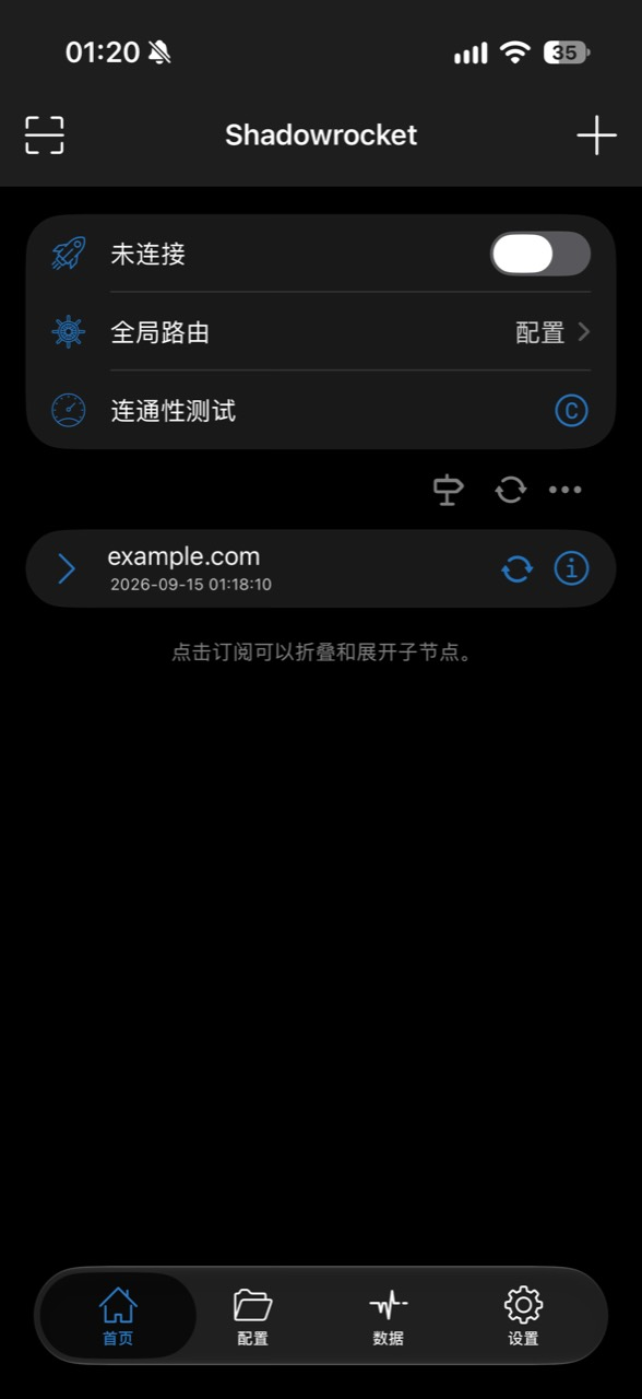 首页已保存 example.com 示例订阅,条目右侧有蓝色更新按钮