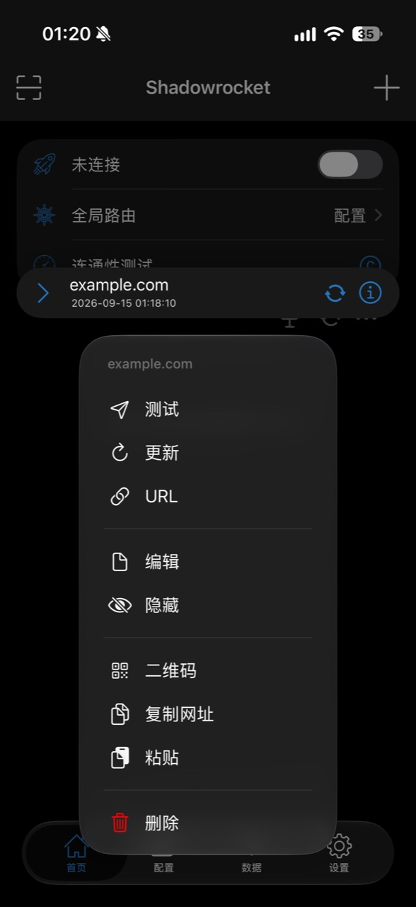 长按 example.com 订阅后的菜单,其中有更新选项